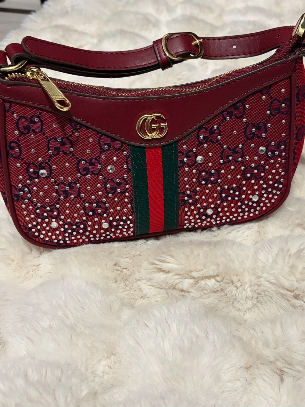 Red Crystal-Embellished Shoulder Bag